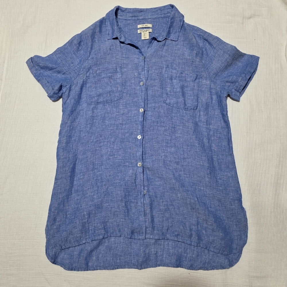 Christian Siriano Blue Linen Short Sleeve Button Down Size LARGE Beach Breezy